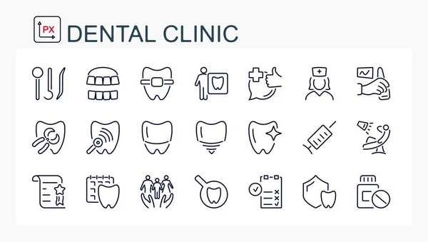 Bir dizi vektör çizimi, ince bir çizgiden ikonlar. Diş sağlığı kliniği. İzole, düzenlenebilir..