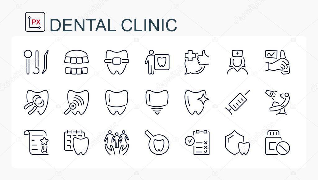 A set of vector illustrations, icons from a thin line. Dental clinic. Isolated, editable.