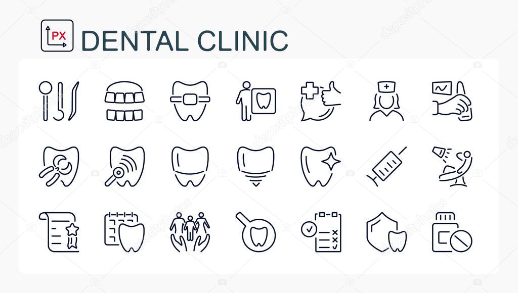 A set of vector illustrations, icons from a thin line. Dental clinic. Isolated, editable.