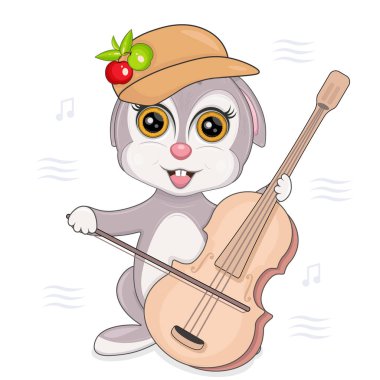 Isolated vector illustration of a rabbit in a cap playing the double bass. Isolated on a white background.