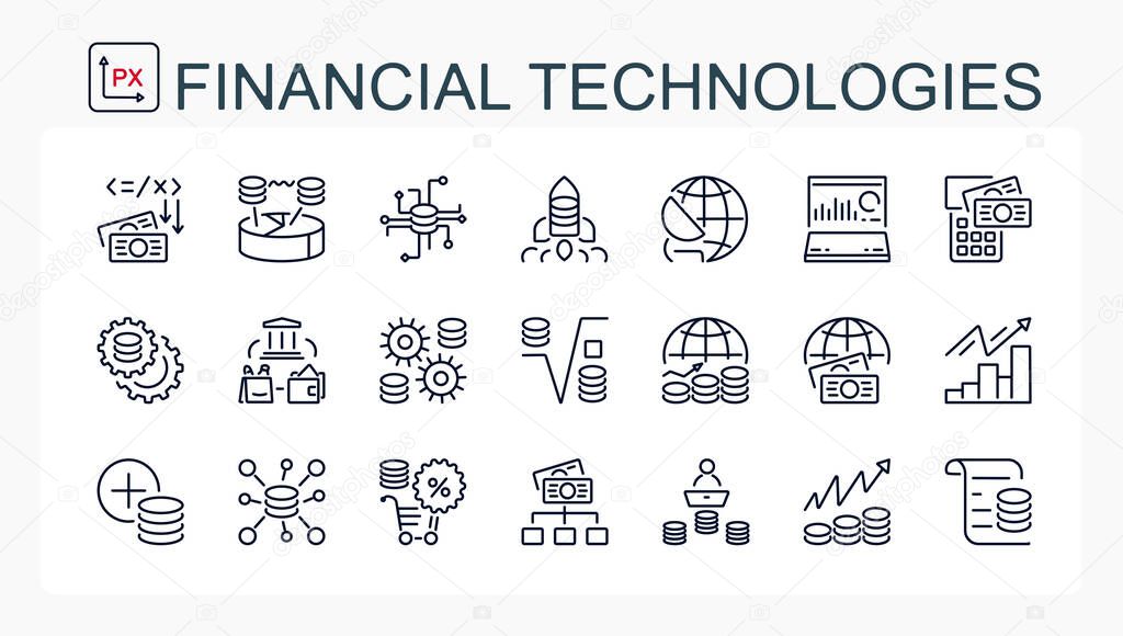 A set of vector icons from the ruler, money and finance. Financial technologies and business. Isolated on a transparent background.