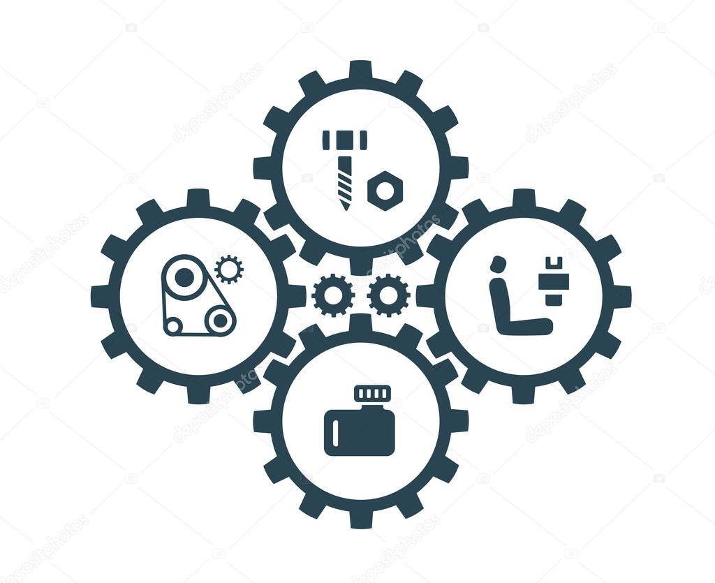 Vector illustration, icons and logos with car parts and other special equipment. Car service. Auto parts store.