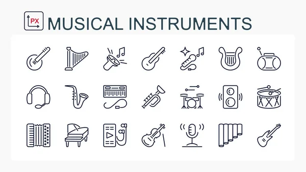 Bir dizi vektör çizimi, ince bir çizgiden ikonlar. Müzik aletleri. 