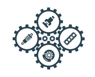 Araç parçaları ve diğer özel ekipmanlara sahip vektör çizimleri, simgeler ve logolar. Araba servisi. Otomatik yedek parça deposu.