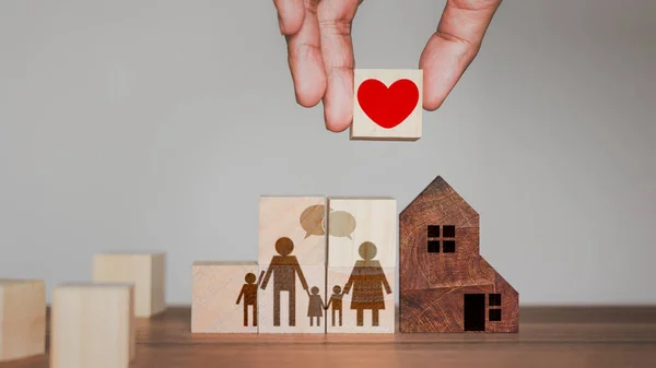 Idea Adding Love Warmth Family Hand Holding Wooden Cube Block — Stock Photo, Image