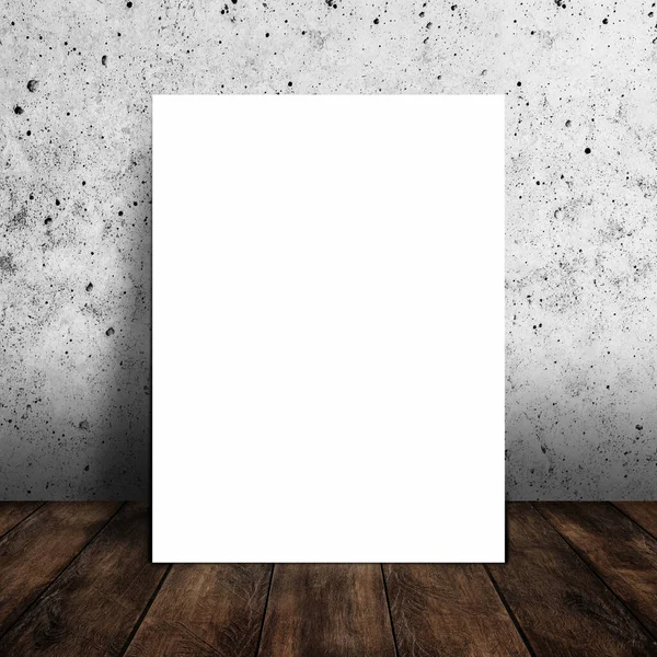 Biały Plakat Wnętrzu Drewnianą Podłogą Betonowym Tłem Ściennym Szablon Makiety — Zdjęcie stockowe