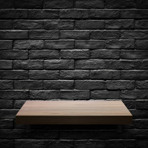 Wooden Shelf Black Brick Wall Background Decorative Design — Stock Photo, Image