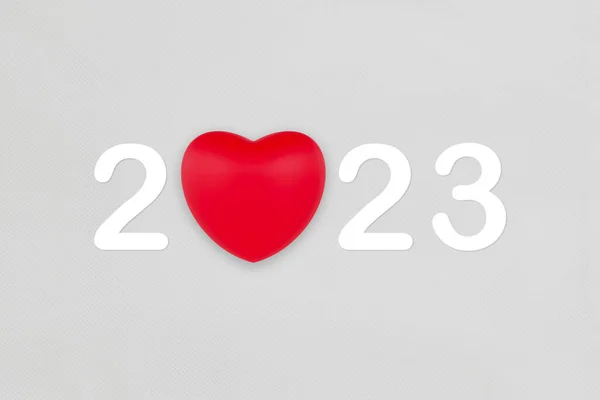 2023 Com Símbolo Coração Vermelho Fundo Textura Tecido Branco Para — Fotografia de Stock