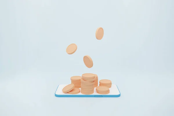青い光の背景にコインアイコンが最小限のスタイルに落ちるスマートフォン ビジネスコンセプトのための3Dオンライン決済スマートフォン 3Dレンダリングイラスト — ストック写真