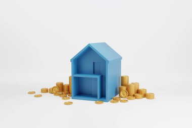 Beyaz arka planda üç boyutlu ev ve bozuk para yığını. Gayrimenkul yatırımının iş konsepti. Para biriktiriyorum, sermaye biriktiriyorum. 3d resimleme.