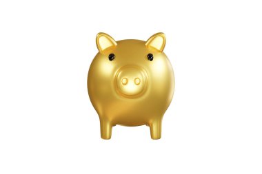 Beyaz arka planda izole edilmiş 3D çizgi film Golden Piggy Bank. 3 Boyutlu resimleme.