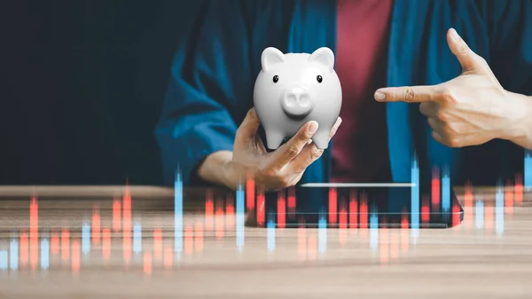 Businessman Pointing Finger Piggy Bank Business Concept Planning Savings Money — Photo