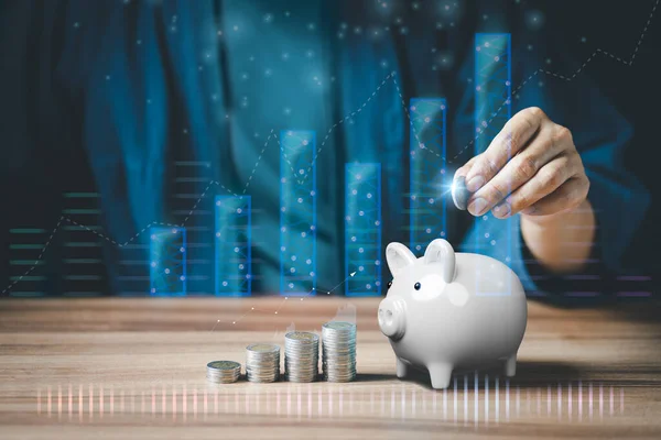 Man Putting Coin Piggy Bank Saving Money Concept Business Finance — Photo