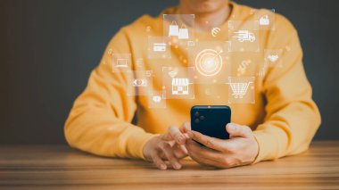 Adult man using a smartphone order in online store, shopping on internet, concept mobile smart phone app.
