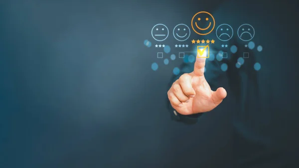 Man Touching Virtual Screen Happy Smiley Face Icon Give Satisfaction — Foto Stock