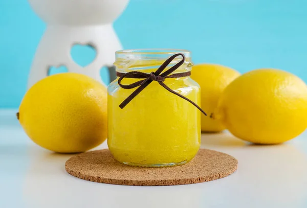 Homemade Lemon Fruit Scrub Foot Soak Facial Mask Small Glass — Stock Photo, Image
