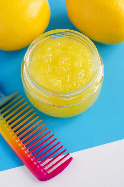 Exfoliante Casero Fruta Limón Baño Remojo Mascarilla Facial Pequeño Frasco — Foto de Stock