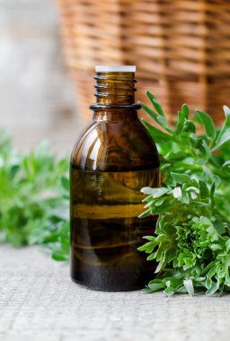 Pelin yağı içeren küçük bir şişe (özü, tütsü, zerk). Eski ahşap arka plan. Aromaterapi, spa ve bitkisel tıp konsepti. Boşluğu kopyala.
