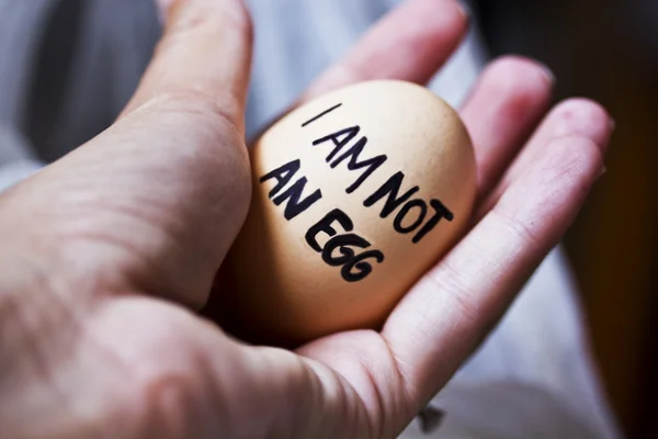 An egg in the palm of a man. On the egg is written 'I  am not an egg'.