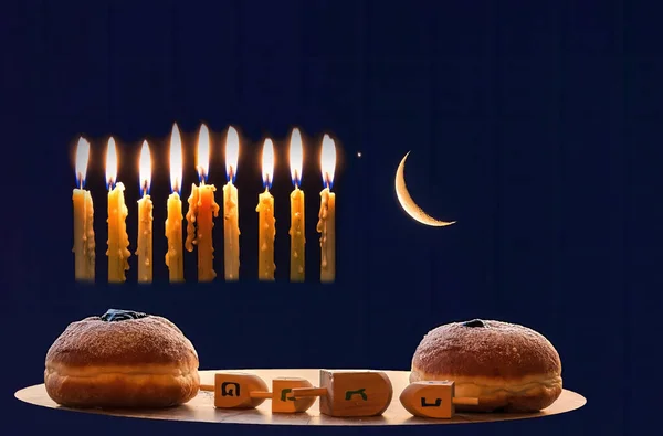 Hanukkah Holiday Celebration Background Candles Dreidels Crescent Moon Sweet Donuts — Stock Photo, Image