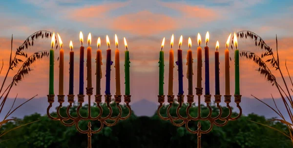 Jewish Holiday Hanukkah Background Candles Sunset Clouds Blurred Background — Stock Photo, Image