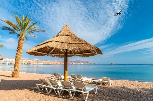 Manhã Ensolarada Praia Central Mar Vermelho Eilat Famosa Cidade Turística — Fotografia de Stock
