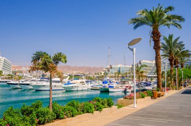 Eilat 'ın orta marinasında tekneler, yatlar ve motorbotlar. İsrail' in ünlü turizm beldesi.