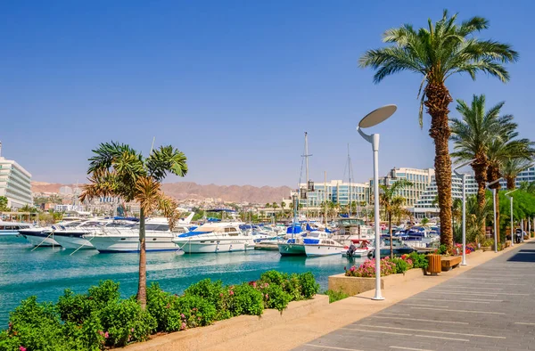 Szabadidős Vitorlások Jachtok Motorcsónakok Eilat Központi Kikötőjében Híres Turisztikai Központ — Stock Fotó