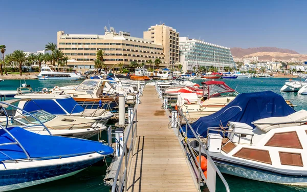 Central Marina Eilat Com Barcos Motor Recreio Entretenimento Pesca Barcos — Fotografia de Stock