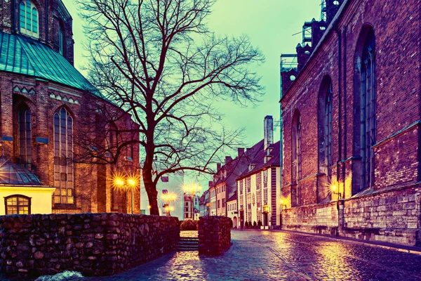 Night Scene Medieval Part Old Riga Capital Latvia Famous International — Foto Stock