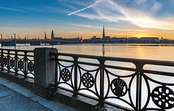 Metallic Fence Waterfront River Stone Bridge Old District Riga City — Stock Photo, Image