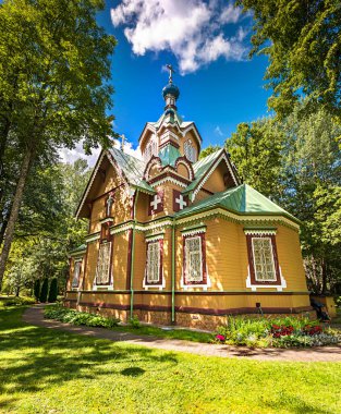 Russian orthodox church of Saint Peter and Paul in public park of old Kemeri village as a part of tourist resort of Jurmala city on Latvia