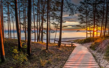 Wooden footpath leading to a beach of the Baltic Sea. Concept of happy, bliss and healthy summer vacation in ecologically clean Baltic region of Eastern Europe