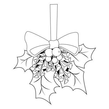 Yetişkin ve çocuklar için boyama kitabı sayfası. Noel meyveleri ve yapraklar, kozalaklar ve bir fiyonk. Vektör illüstrasyonu.