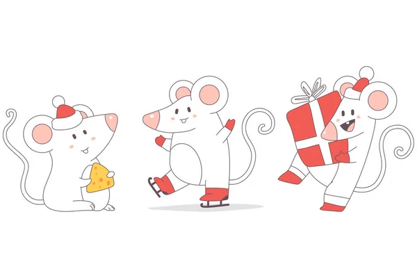 Christmas Rats Cute Characters Set Vector Cartoon New Year Mouse — Stock Vector