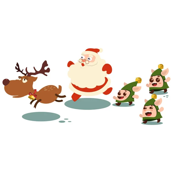 Weihnachtsmann Rentiere Und Drei Elfen Vektor Cartoon Figur Isoliert Auf — Stockvektor