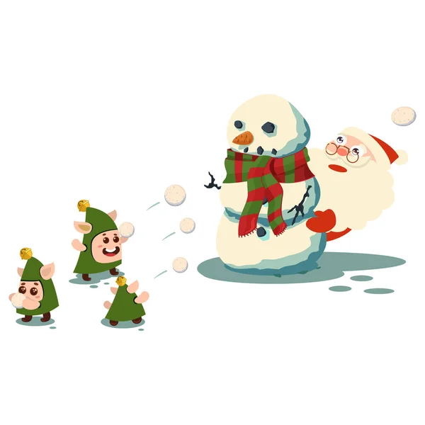 Санта Клаус Ховається Сніговиком Милі Ельфи Кидають Сніжки Векторний Персонаж — стоковий вектор