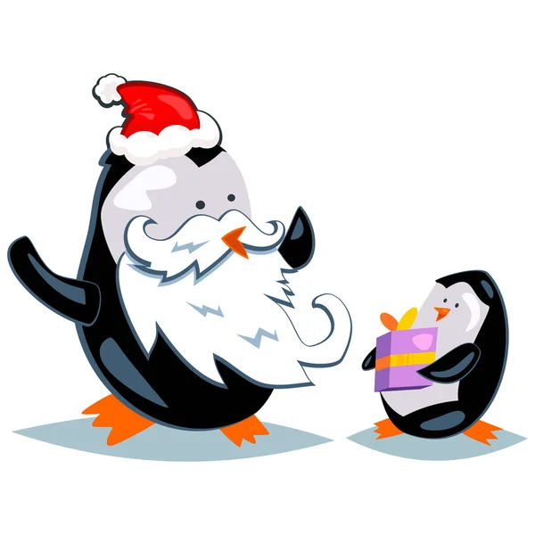 Pinguim Papai Noel Presente Para Criança Vetor Desenho Animado Feriado — Vetor de Stock