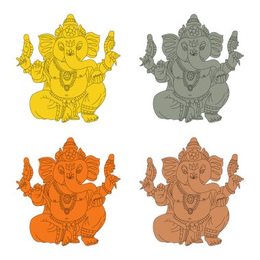 Lord Ganesha karikatür seti altın, taş, bronz ve ahşap putlar. Düz simgeler beyaz arkaplanda izole edilmiş Hindu tanrısı.