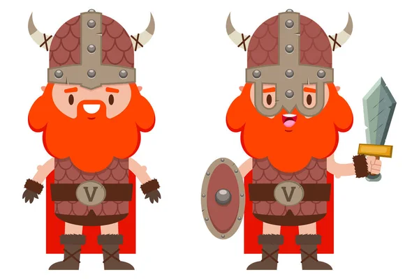 Mignon Viking Avec Une Barbe Dans Casque Médiéval Avec Bouclier — Image vectorielle
