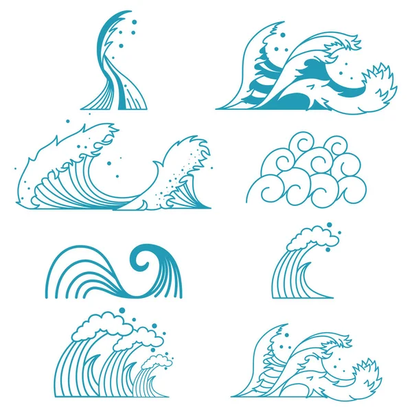 Ocean Storm Waves Vector Set Icone Piatte Linea Isolate Sfondo — Vettoriale Stock