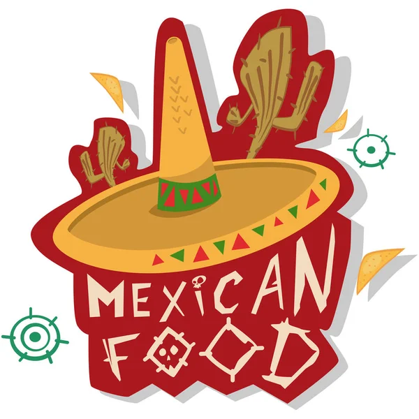 Logo Makanan Meksiko Sombrero Dengan Kaktus Dan Teks Gambar Tangan - Stok Vektor