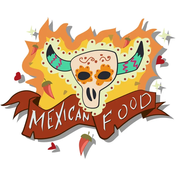 Logo Makanan Meksiko Dengan Api Tengkorak Banteng Dengan Pola Tradisional - Stok Vektor