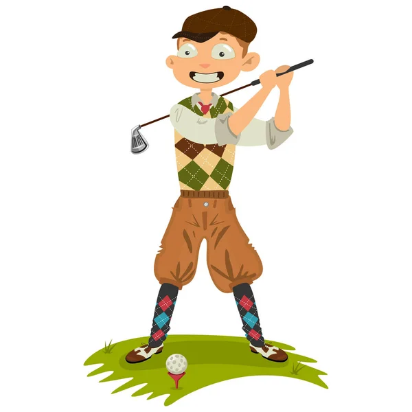 Hombre Golfista Personaje Ropa Retro Golf Swing Lindo Vector Dibujos — Archivo Imágenes Vectoriales