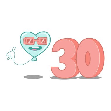 30. Doğum günün kutlu olsun tebrik kartları ve davetiyeler için şablon elemanı. Bir balon karakteri ve sayıların çizgi film çizimi. Yıldönümü doğum günü vektör simgesi.