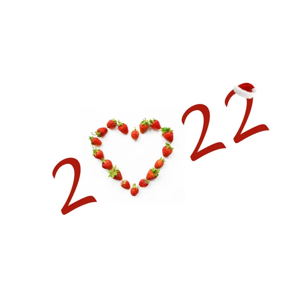 Christmas Motif Heart Shaped Strawberries 2022 New Year Card Concept — Stock Photo, Image