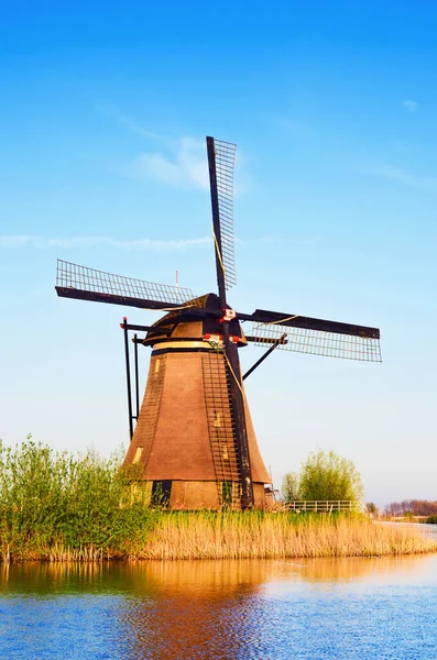 Uroczy Krajobraz Wiatraki Kinderdijk Holandia Europa Tle Zachmurzone Niebo Odbicie — Zdjęcie stockowe