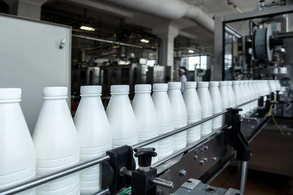 Λευκά Πλαστικά Μπουκάλια Γάλακτος Στον Μεταφορέα Ένα Σύγχρονο Γαλακτοκομικό Εργοστάσιο — Φωτογραφία Αρχείου