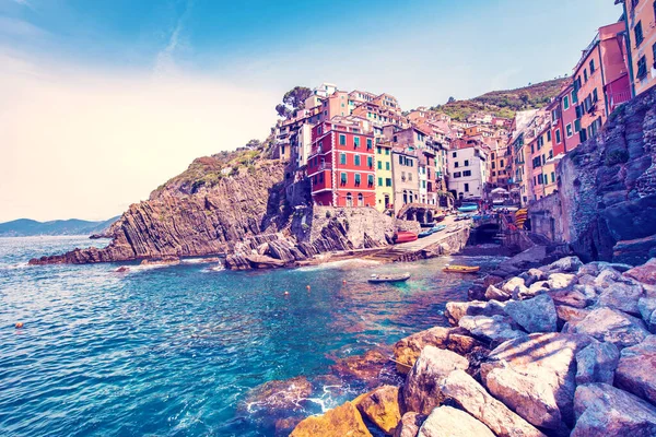 Increíble Paisaje Urbano Con Casas Colores Riomaggiore Cinque Terre Italia — Foto de Stock