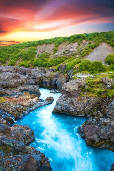 Beautiful Mystical Landscape River Canyon Kolugljufur Rocks Iceland Red Dawn — стоковое фото